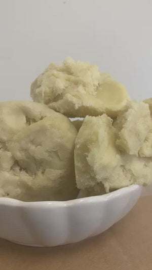 A video displaying a bowl with rich, raw and unrefined shea butter ethically sourced from Ghana