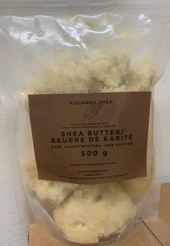 500g of raw, unrefined shea butter ethically sourced from Ghana packaged in a clear standup pouch